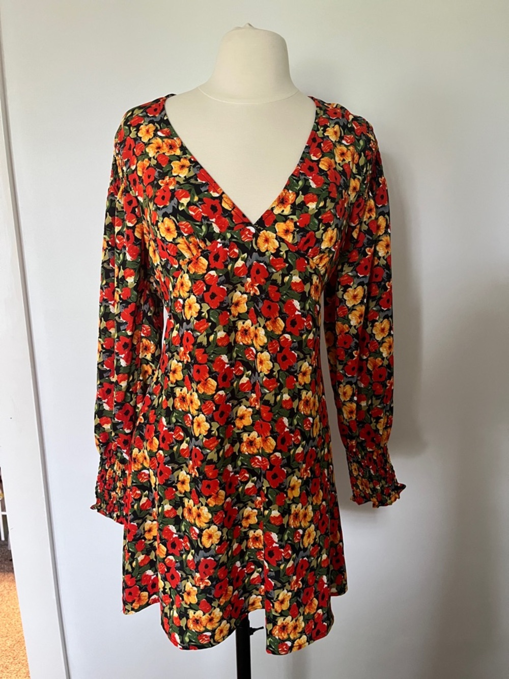 Lush Red & Yellow Floral V-Neck Long Sleeve Dress